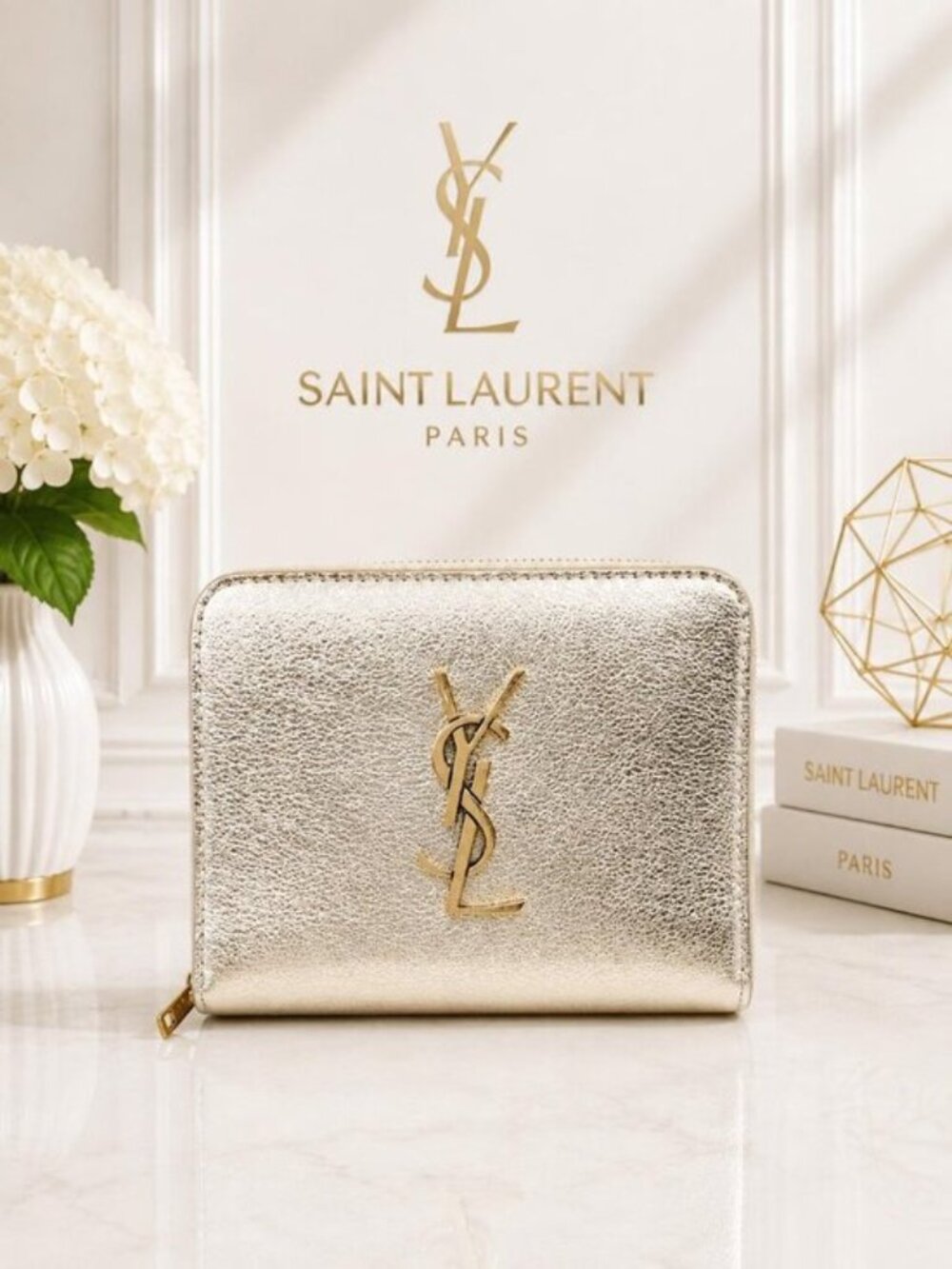 Saint Laurent YSL Cassandre Compact Zip Wallet Metallic Gold Leather